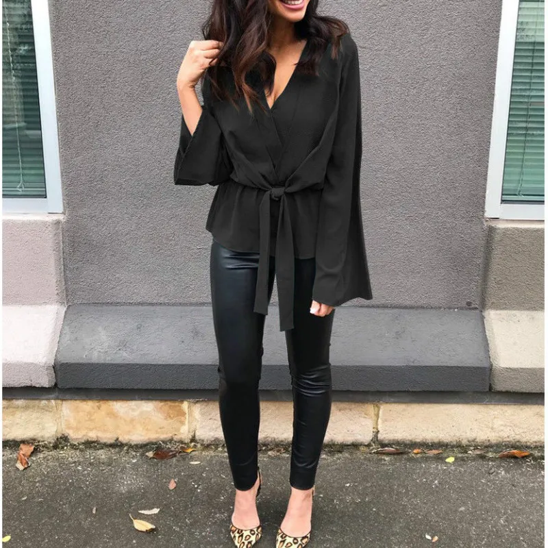 

2019 New Fashion Women's Lady Loose Long Sleeve V Neck Chiffon Casual Shirt Tops Summer Fashion T Shirt