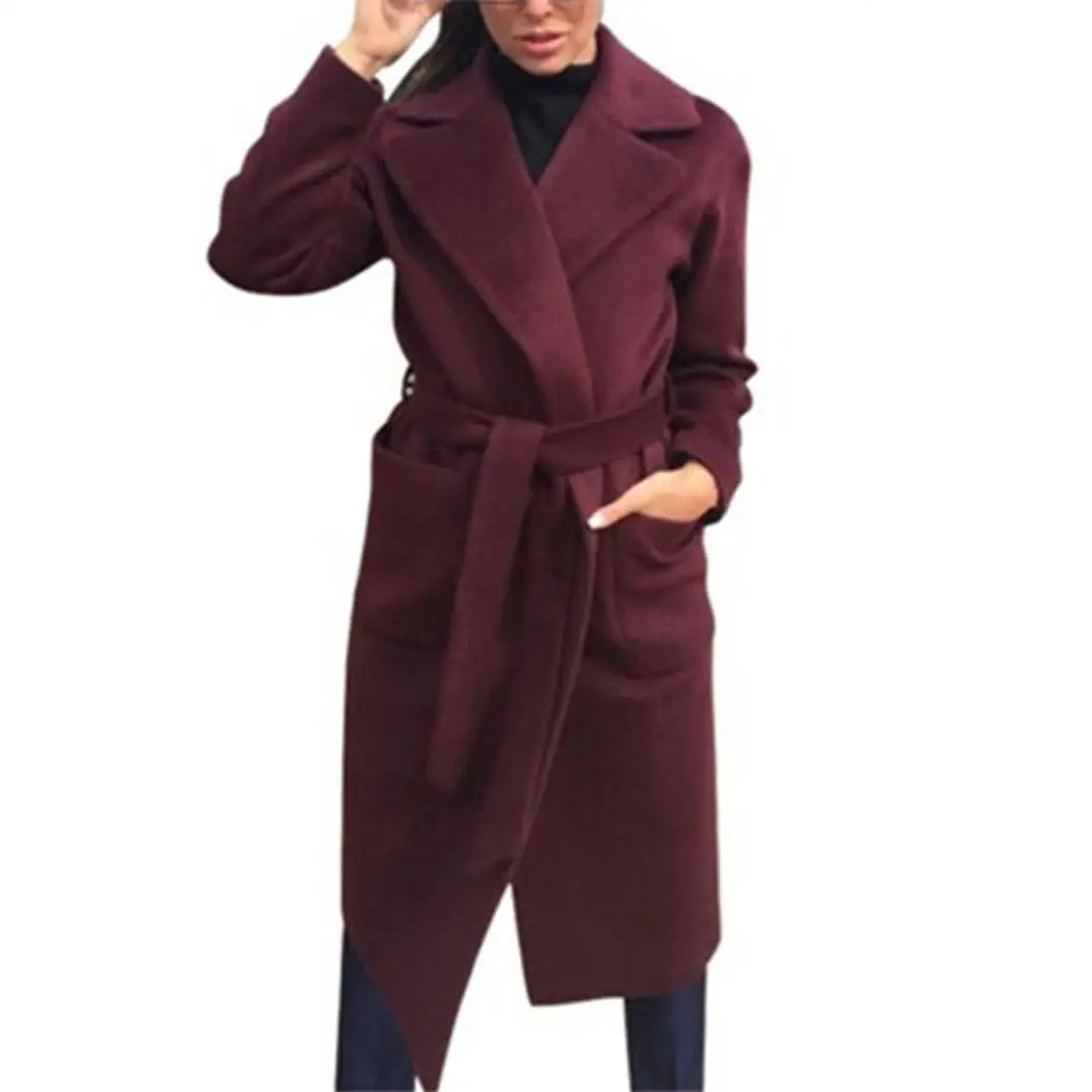 

closure Medium Long Coat long Outwear Belt Warm Woolen Open Solid Women Fashion Front Casual Winter Sleeve Pockets