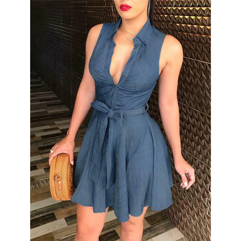 

Fashion women sexy V neck sleeveless high waist denim blue dress ladies belted evening club party short mini dress