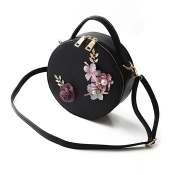 

Women Bag Female Handbags Leather Shoulder Bag Crossbody Tote Handbag Round Flower Cute Small Fashion Bags Black