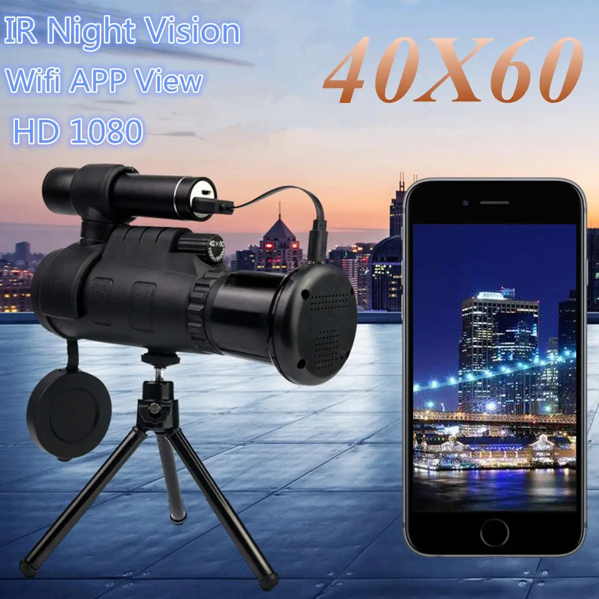 40X60 التكبير HD IR ناظور أحادي العين للرؤية الليلية مناظير بالأشعة تحت الحمراء تلسكوب حامل هاتف ترايبود للصيد التخييم المشي 40X60 التكبير HD IR ناظور أحادي العين للرؤية الليلية مناظير بالأشعة تحت الحمراء تلسكوب حامل هاتف ترايبود للصيد التخييم المشي