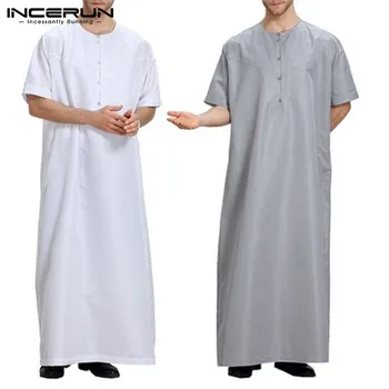

INCERUN Muslim Arab Clothing Men Dress Thobes Casual Short Sleeve Button Robe Middle East Dubai Male Islamic Muslim Kaftan M-5XL