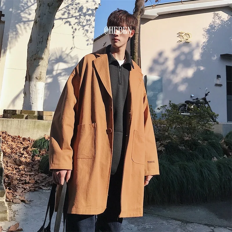

2019 Spring Korean Version Of The Campus Style Fashion Trend Casual Men's Long-sleeved Long Loose Windbreaker Lapel Coat