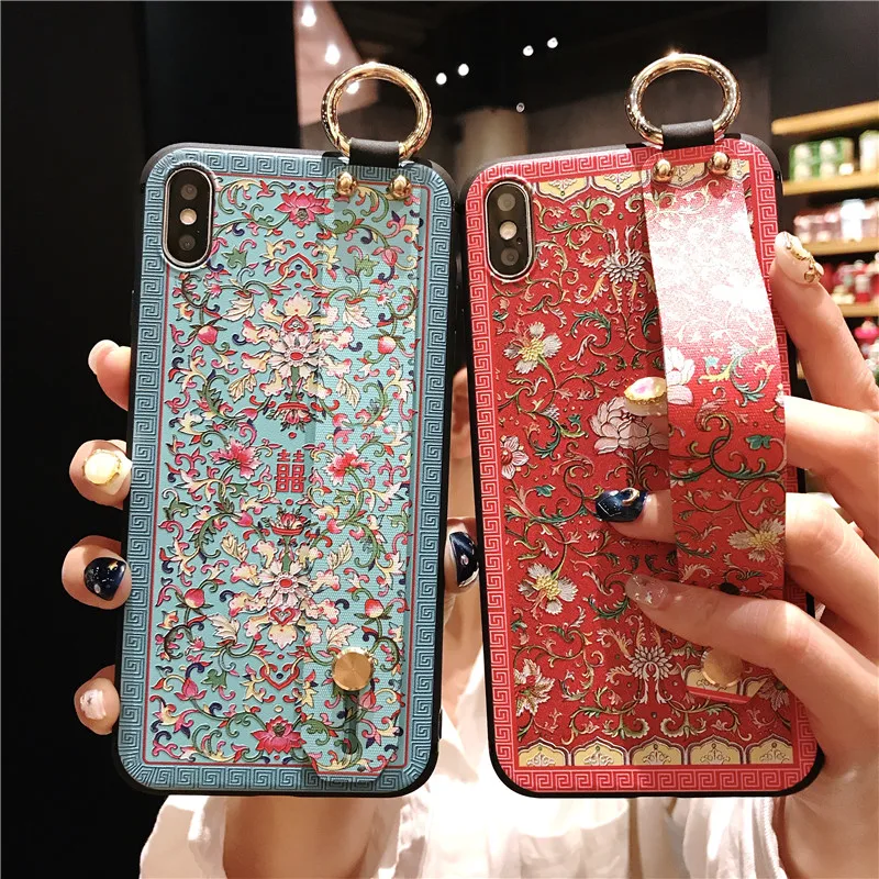 

Retro Flower Case For Samsung Galaxy Note 9 8 S9 S8 Plus Wrist Strap Hand Band Cases Soft TPU 3D Relief Cover Kickstand Coque