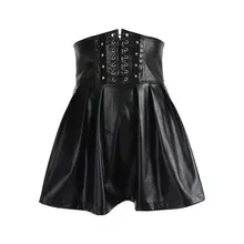 Женская плиссированная юбка из искусственной кожи Goth Lace Up Black Street Hipster осенне-зимняя повседневная Бандаж с высокой талией Соблазнительные мини-юбки