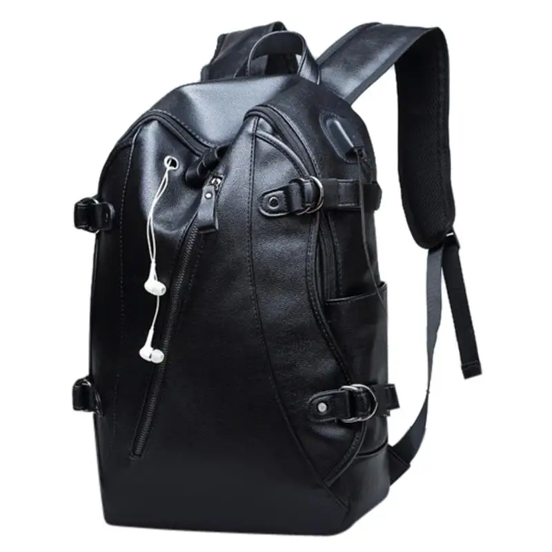 

Coofit Men Anti Theft Backpack With Headphone Plug Fashion PU Leather Laptop Bagpacks For Boys Teens School Bags USB Rucksacks