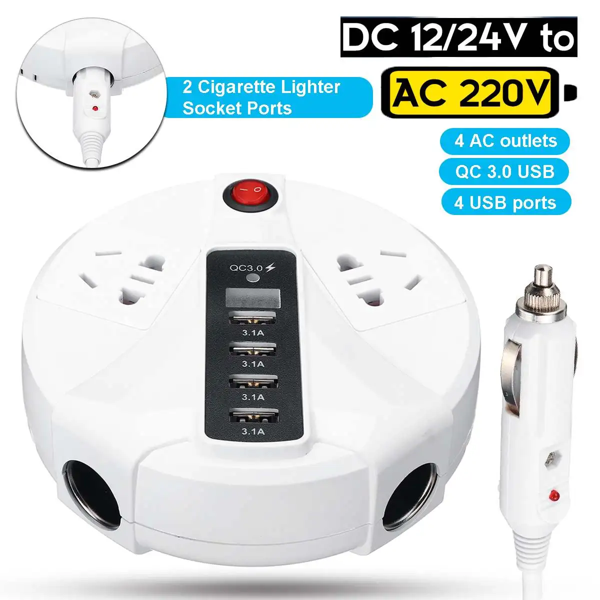 

Car Power Inverter 12/24V To AC 220V 4 USB Modified Sine Wave Converter Charger Built-in Cooling Fan Intelligentvoltage Display