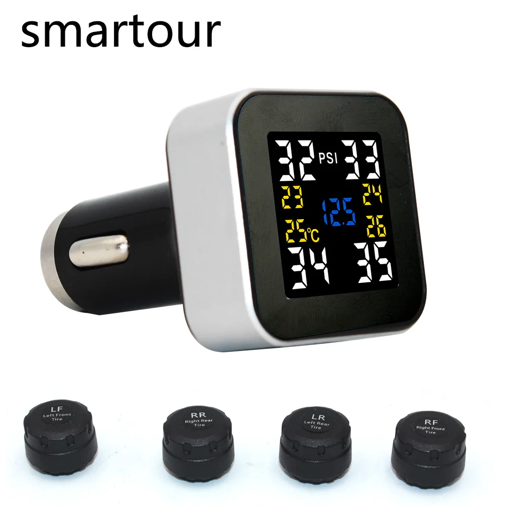 

Smartour Car TPMS 12V Digital Tire Pressure Monitoring System Tire Pressure Alarm External & Internal Sensor And safety hammer