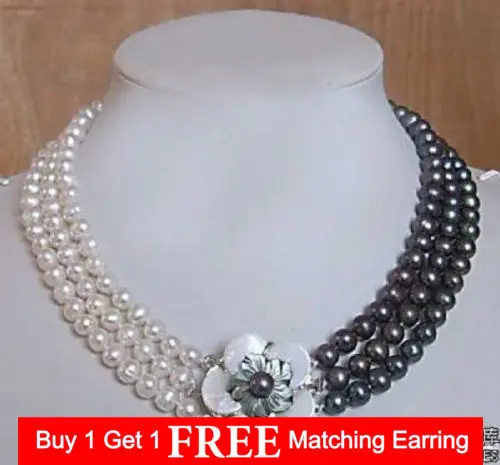 

LiiJi Unique Natural Freshwater Pearl 3rows 7-8mm white&black Necklace Shell Flower Clasp for Wedding 18-20''