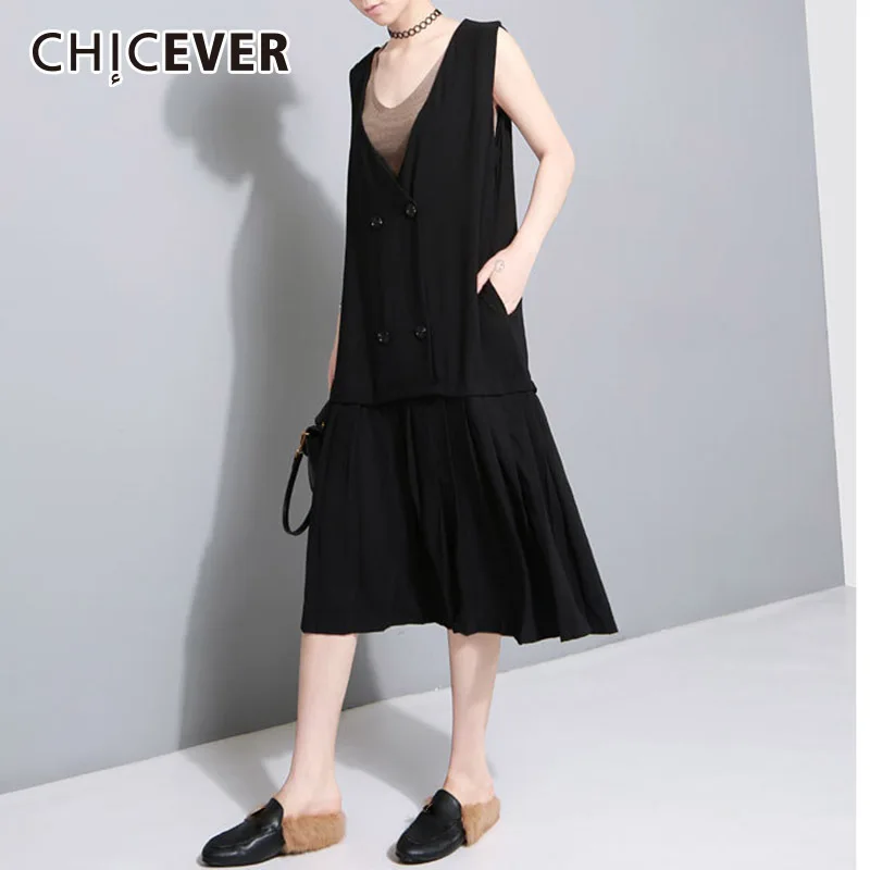 Chicever Лето 2017 г. платье Для женщин Туника поддельные Двойка Плиссированные