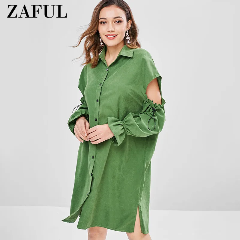 ZAFUL Cut Out Button Down Shirt Dress Women'S Clothing Straight Stand Long Sleeves Dresses