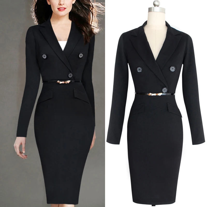 

Ladies Belted Blazer Suit Collar Slim Bodycon Business Evening OL Pencil Dress