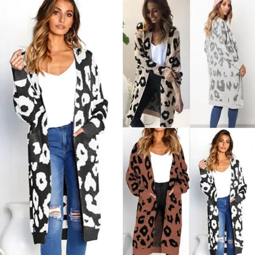 

Fashion Womens Long Cardigan Sweater Coat 2019 New Winter Spring Leopard Print Open Front Knit Pockets Long Sleeve Loose Coat XL