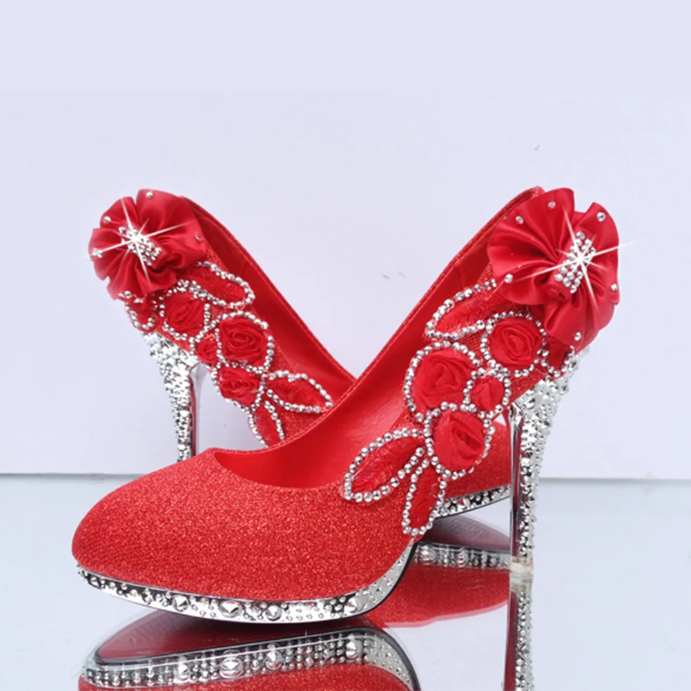 

2018 Fashion Womens Pumps sexy Rhinestone Flower High Heels shoes Women Shinny High Heel Bridal Wedding Shoes Red Gold silver