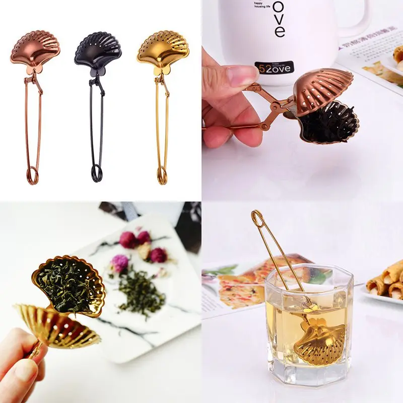 

opening promotion-creative shell shape vacuum titanium plated stainless steel telescopic tea ball tea filter seasoning ball fi
