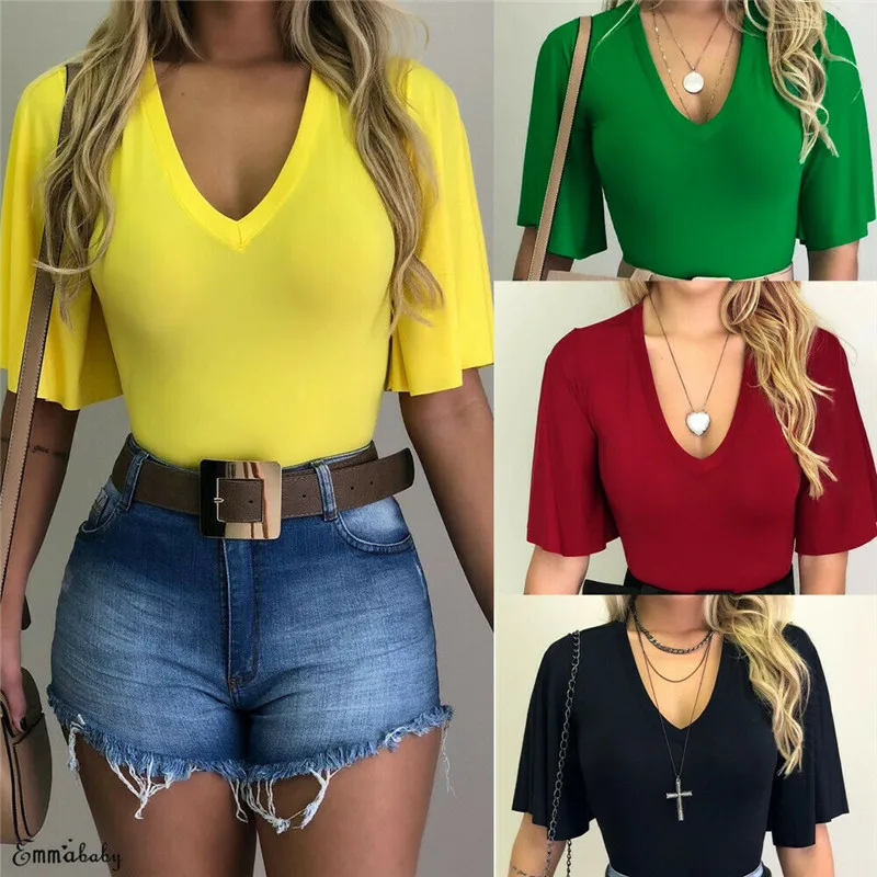 

Fashion Slim Solid Summer Women Bell Short Sleeve Deep V Neck Plain T-Shirt Ladies Tunic Tops Pullover Clothes