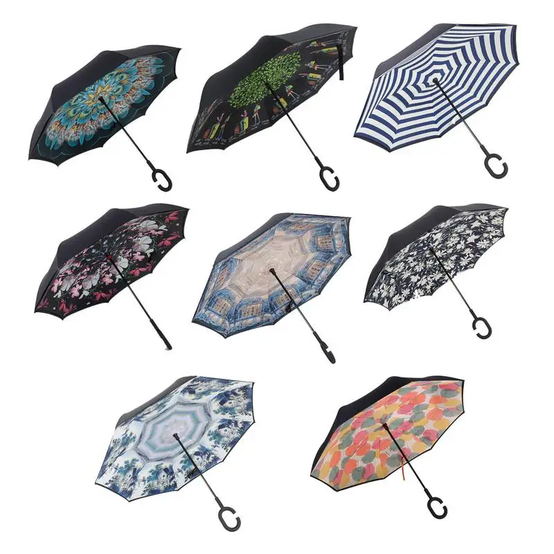 Drop Shipping Wind Resistant Folding Reverse Umbrella Double Layer Inverted Windproof Rain Car Umbrellas C-Hook Hands for Women | Дом и сад