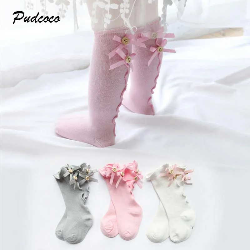 

2019 Brand New Newborn Infant Baby Girl Boy 0-3Y Winter Warm Stocking Cotton Ruched Bowknot Solid Knee-Length Stocking 6 Colors