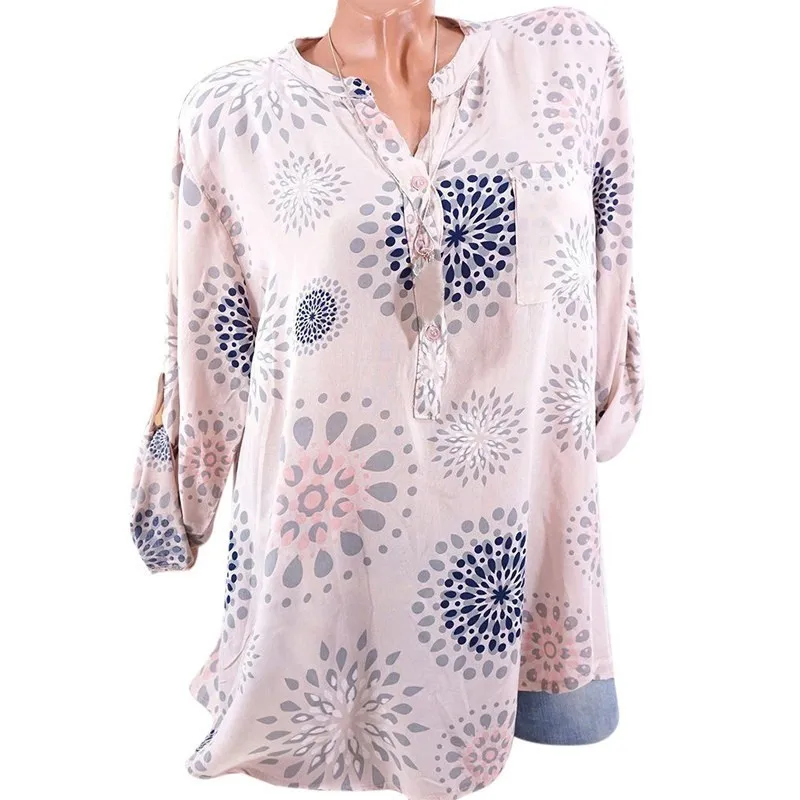 المرأة القمصان و البلوزات الصيف الربيع عارضة طباعة الخامس الرقبة بلوزة شيفون النساء أعلى Camisa الأنثوية أكمام طويلة للسيدات البلوزات