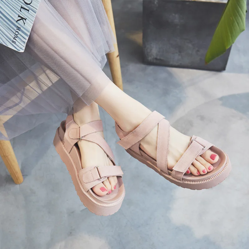 

Genuine Leather Woman Sandals Platform Shoes Thick Bottom Student Sandals Woman