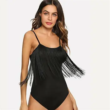 

Summer Casual Ladies Solid Tassel O Neck Romper Sleeveless Top Leotard Bodysuit Women Sexy Jumpsuit Stretch New 2019