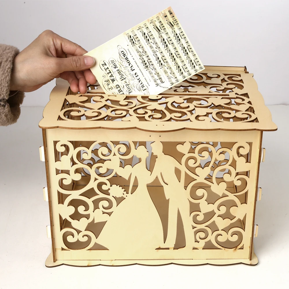 

DIY Wooden Wedding Card Box with Lock and Card Sign Rustic Hollow Gift Card Holder for Reception Wedding Anniversary Party Decor