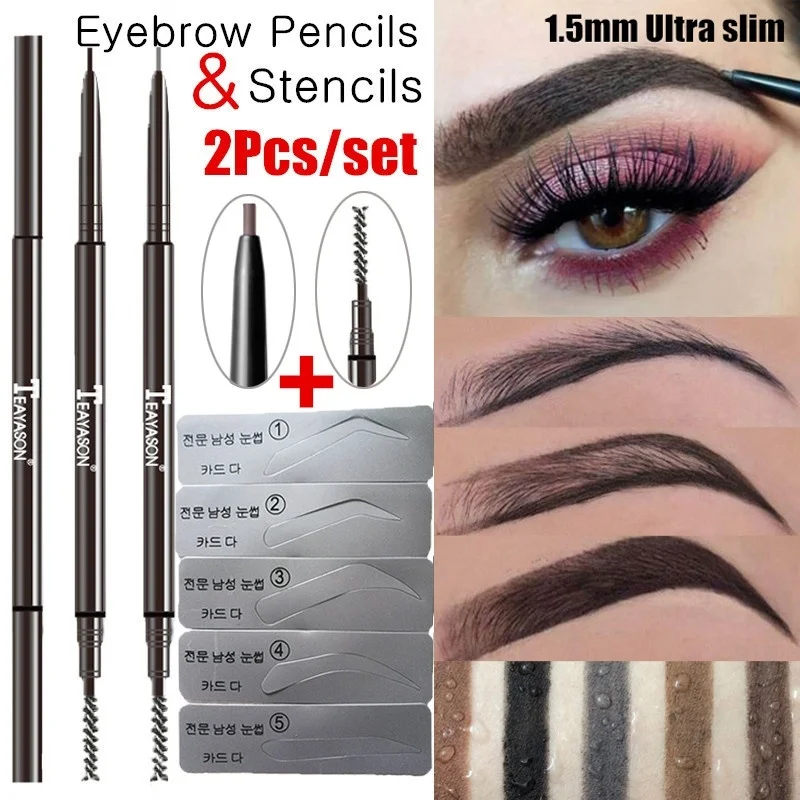 

1 Set Eyebrow Enhancer Kit Waterproof Pigment Eyebrow Makeup Tool Easy To Wear Slim Brow Pencil Brush + Eyebrow Stencils
