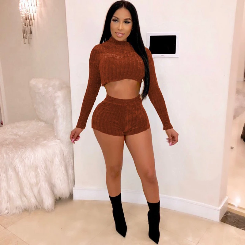 

Sexy Matching Knitted TWO PIECE SET Shorts Women Crop Top Winter Outfits Warm Suit Female Long Sleeve Jumper Sweater Clubwear PC