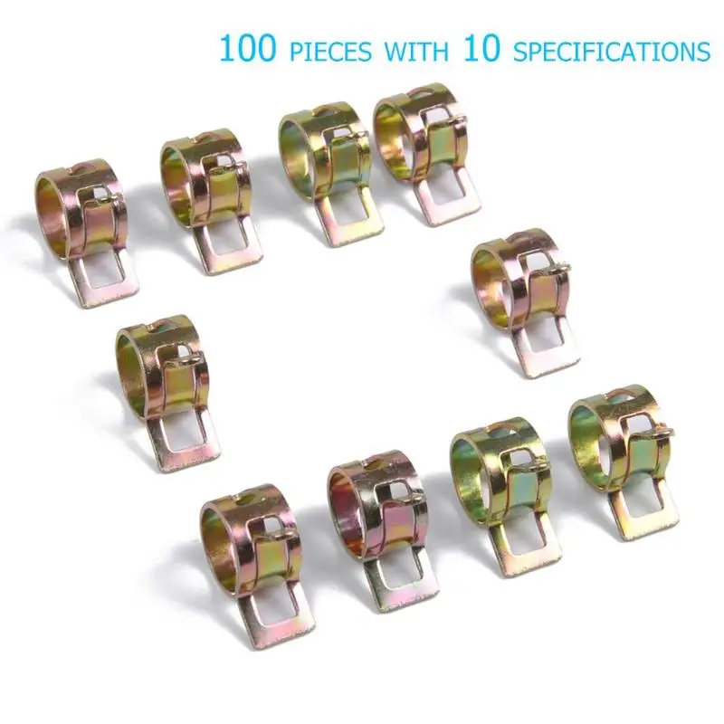 

100pcs 6-15mm 10 Sizes Mn-Steel 65 Hoses Clamps Spring Clips Vacuum Hose Fuel Line Water Pipe Clamps Auto Replacement Parts