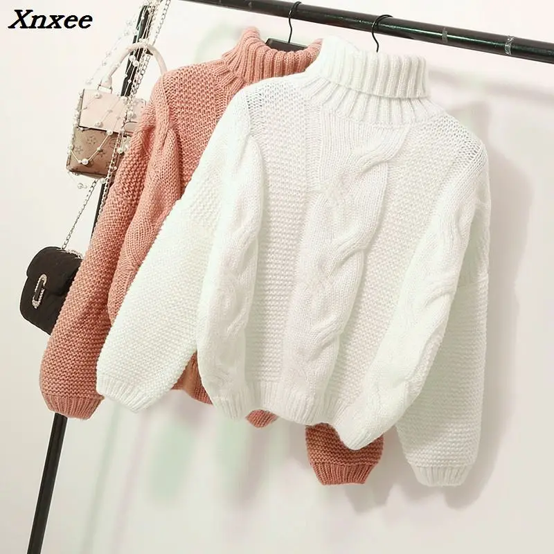 

Sweaters Women's Autumn Winter Thickened Knits Korean Style Turtlenek Neck Short Wear Lazy Wind Pullover Tops Beige Brown Xnxee