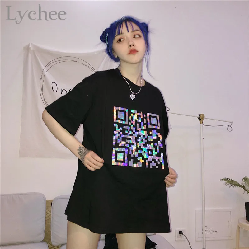 Lychee Harajuku qr код лазерные женские футболки Топы Футболки с круглым вырезом Лето