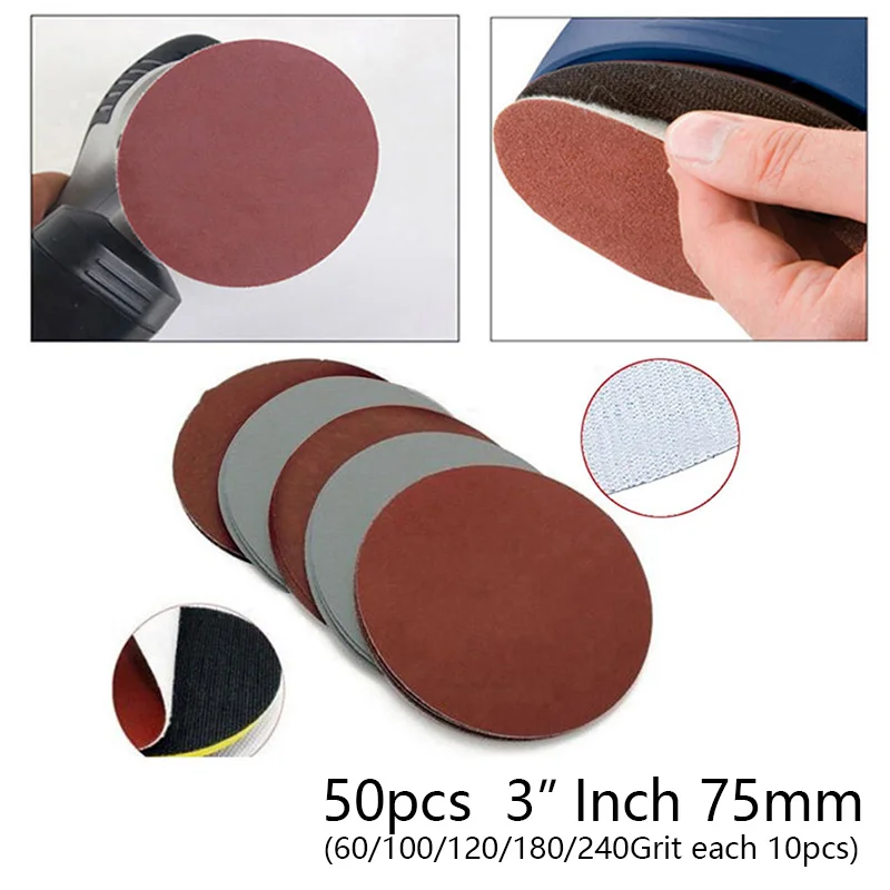 

50x/Set 3 4 Optional Grit Sanding Discs Hook Loop Sandpaper Sand Paper 75mm