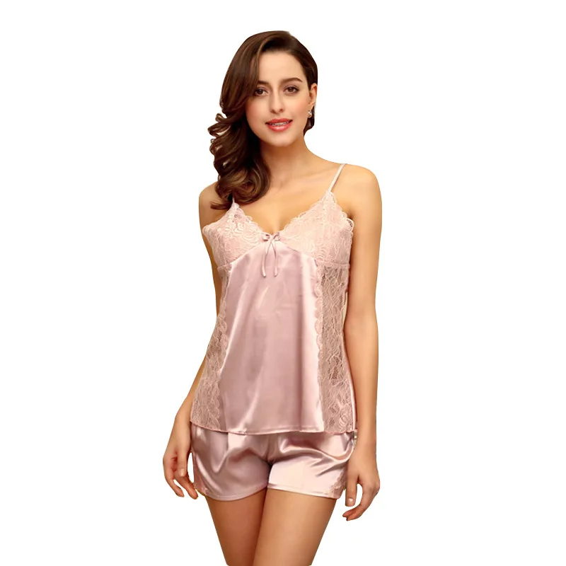 

2019 Two Pieces Women's Pajamas Set Strap Nightwear Tops + Short Pants Sleep Wear Sexy Sleeveless Sleep Suits