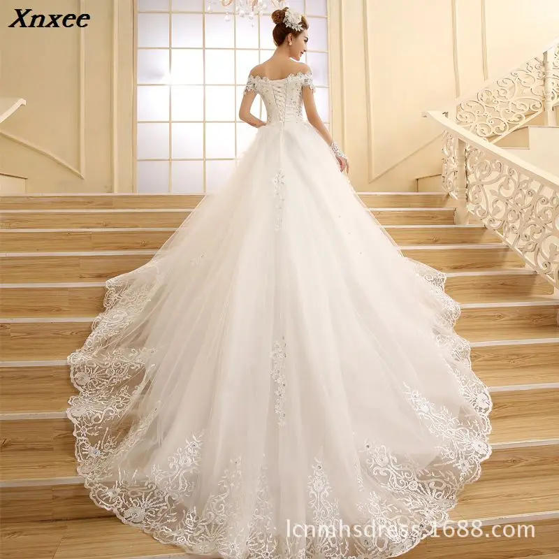 

Vestido De Novia New Bridal Gown Princess White Lace Beading Crystal Boat Neck Royal Train Cheap Dresses Plus Size Xnxee