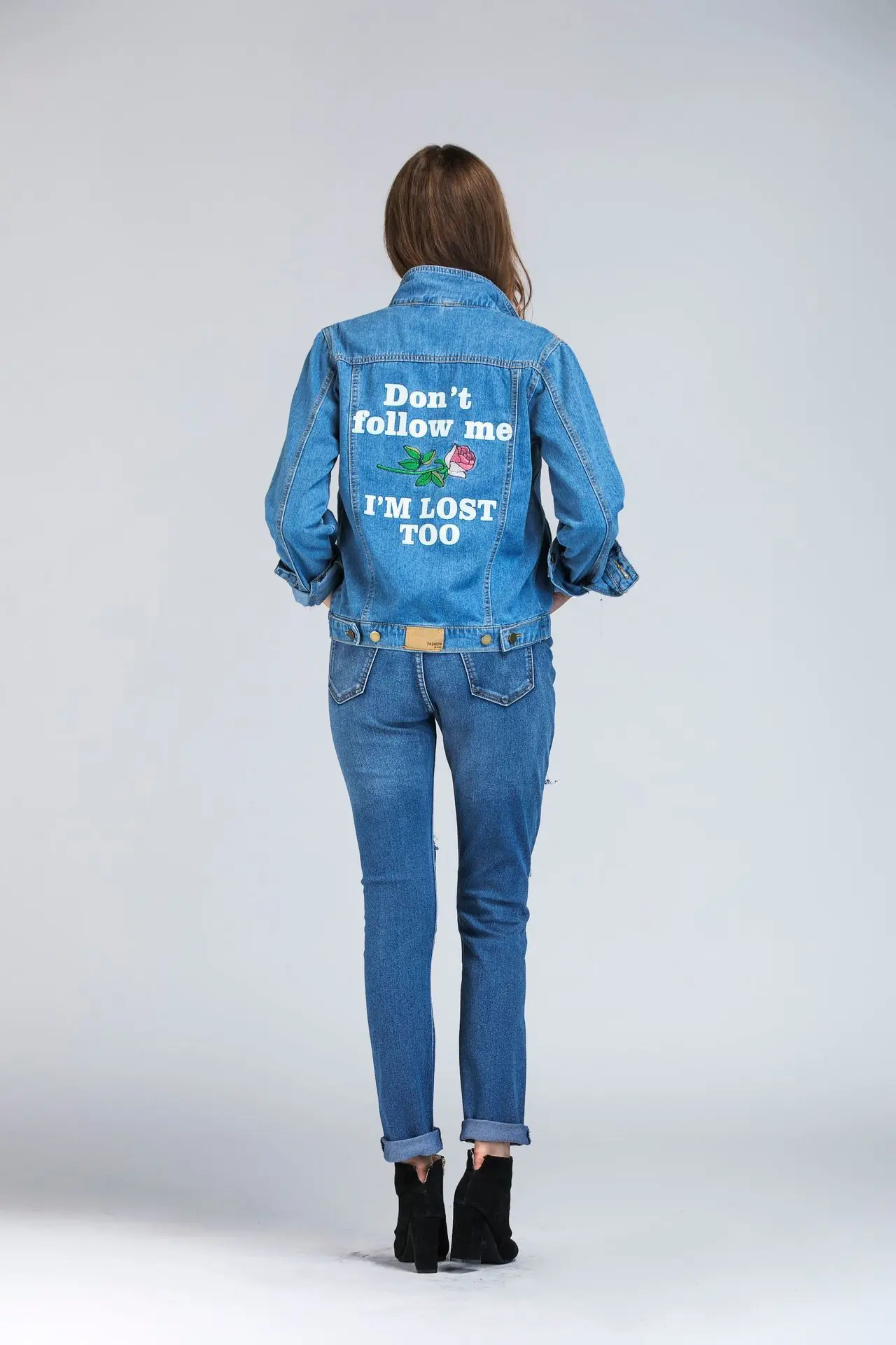 Women Basic Denim Coats Autumn Vintage Rose Letter Embroidery Jacket Long Sleeve Loose Plus Size 5XL Jeans Jackets Girls Outwear