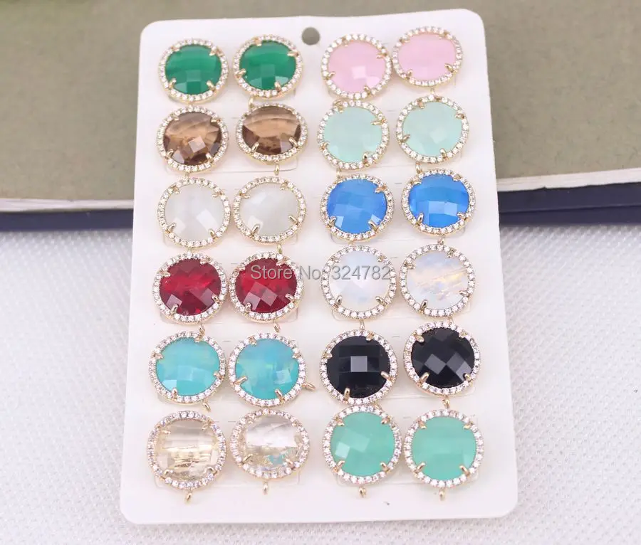5 Pairs Micro Pave CZ Crystal Glass Round Shape Post Earring Findings with Loop,Cubic Zirconia Crystal Glass Round Stud Earring 6
