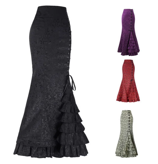 

New Women Sexy Gothic Vintage Long Mermaid Skirt Floral Print Ruffe Lace Up Maxi Skirt Bodycon Slim Elegant Long Skirt S-2XL