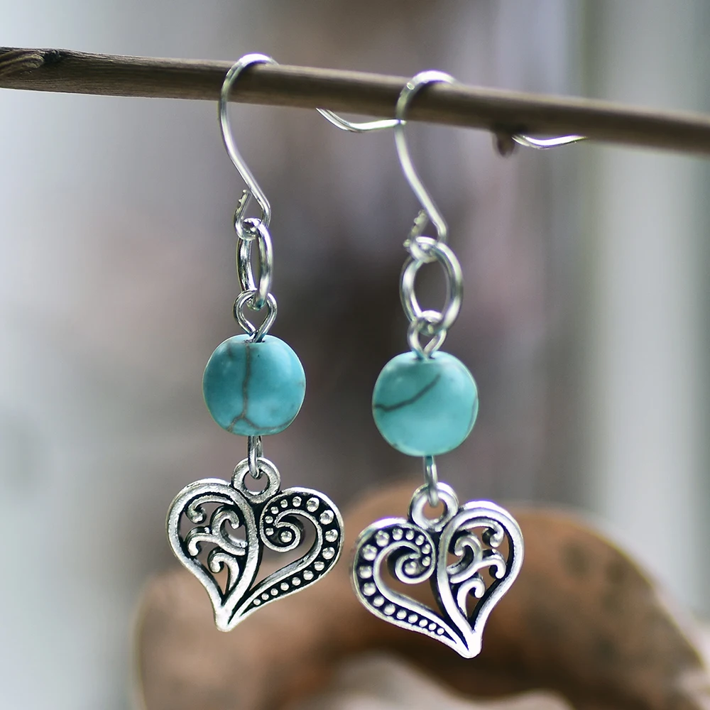 

Blue Bead Stone Dangle Earrings Heart Pendant Hook Earring Silver Color Boho Ethnic Vintage Indian Jewelry Zinc Alloy DBE093