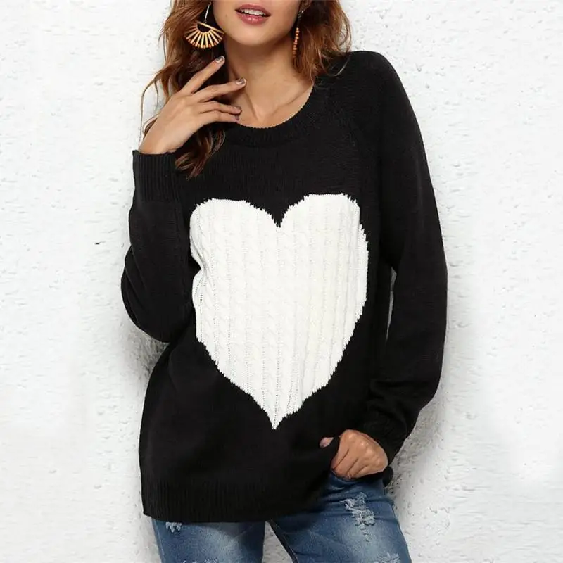 Осенние женские свитера с принтом сердца с длинным рукавом Свободные трикотажные топы с круглым вырезом милые пуловеры трикотажные