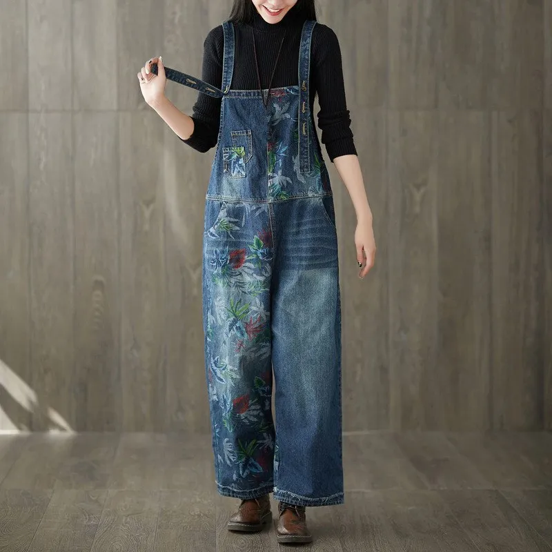 

2019 Women Floral Print Denim Jumpsuits Vintage Collapse Jeans Wide Leg Overalls Pockets Casual Strap Large Size Bib Pants