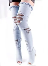 Sexy Blue Denim Women High Boots Peep Toe Ripped Cut-out Over The Knee Thigh High Boots Plus Size 43 Ridding Boots Customized jeans denim gladiator fringe blue over the knee high thigh high autumn boots sexy open toe chunky heel women boots