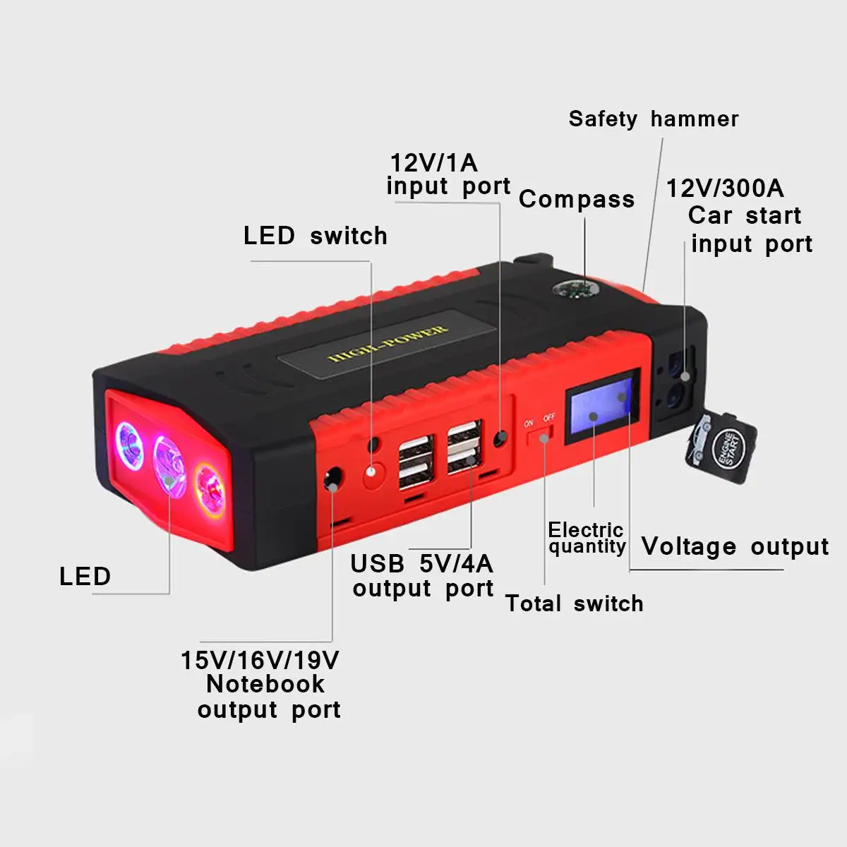 Car Battery Charger Portable 82800mAh 12V LCD 4USB Car Jump Starter Device Booster Charger Battery Power Bank LED Flashlight