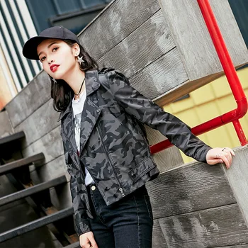 

2020 Spring Autumn New Lapel Female Camouflage Camo Pilot Faux Leather PU Jacket Women