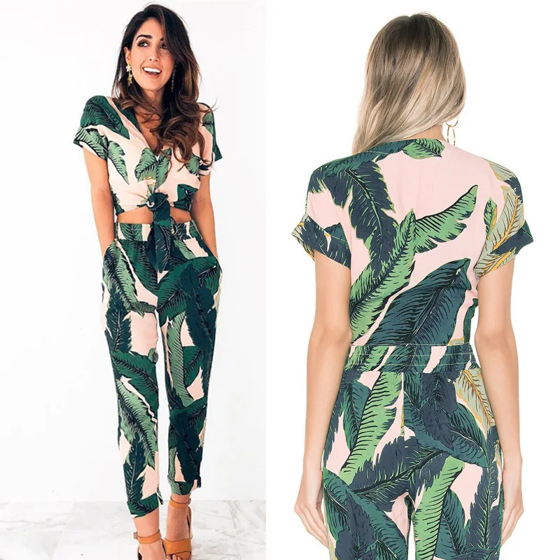 

PEONFLY Sexy New Spring Summer Suits Women 2 Piece Set Casual Green Leaves Print Suits V Neck Fashion Elegant Straight Pants