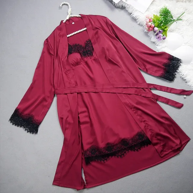 Best Offers 2019 Women Patchwork Lace Spaghetti Strap Nightdress Sexy Robe Spring Autumn Sashes Long Sleeve Thin Solid Gown Sets