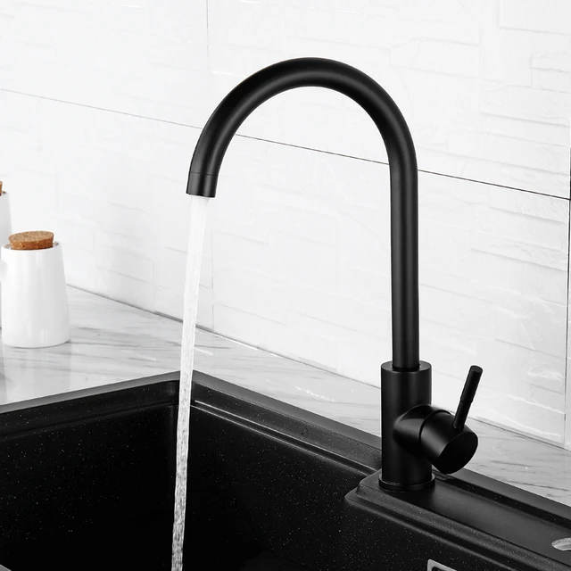 Best Price Black Kitchen Faucet 360 Degree Rotate Spout Single Hole Sink Mixer Water Tap Soild Stainless Steel High Arc Design