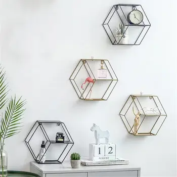 

Wall Shelf Simple Wrought Iron Hexagonal Living Room Bedroom Wall Decoration Storage Finishing Rack