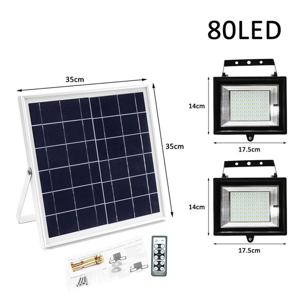 

2Pcs Remote Control 80 LED Flood Light Dimmable Timer Waterproof Solar Light Street Light