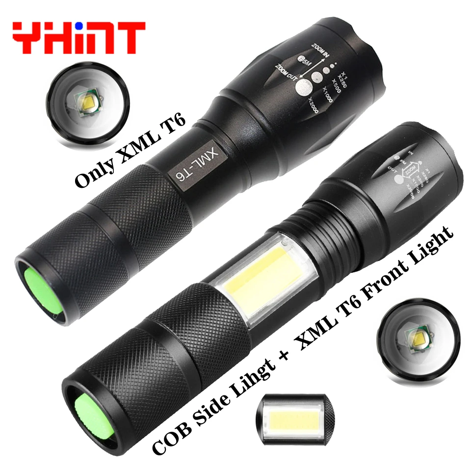 

COB Flashlight Multifunction Cree XML T6 Led flashlight cob sidelight 18650 battery zoomable actical Flashlight Lantern