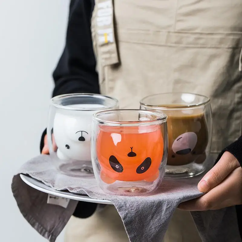 

Double Wall Espresso Coffee Cup Lovely Bear Pattern Heat-Resistant Glass Cup Tea Cute Milk Transparent Insulation Thickened Cup